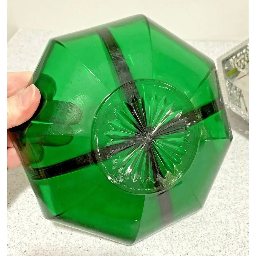 Vintage candy dish ornate pierced chrome basket retro green glass section dish